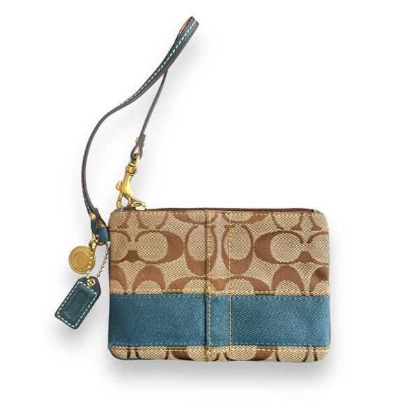 Coach Handbags - COACH Signature Stripe Small Wristlet Khaki Blue Wristlet Wallet